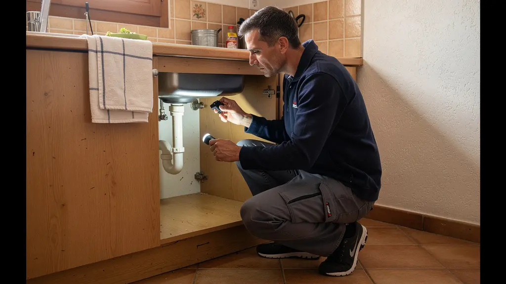 Technicien désinsectisation inspectant sous évier cuisine marseillaise