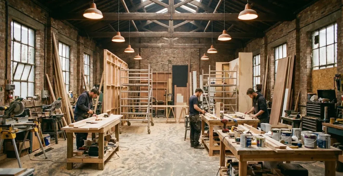 Vue d'un atelier de fabrication de décors événementiels avec menuisiers au travail sur des structures bois