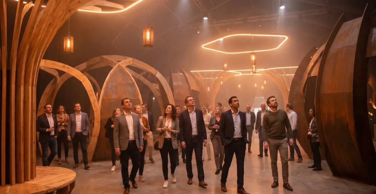 Visiteurs évoluant dans un espace événementiel immersif avec décors sur mesure bois et métal