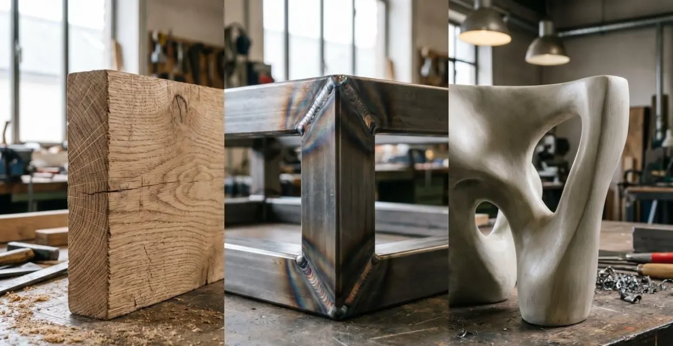 Détail de pièces en bois, métal et résine colorée prêtes à être assemblées pour un décor événementiel